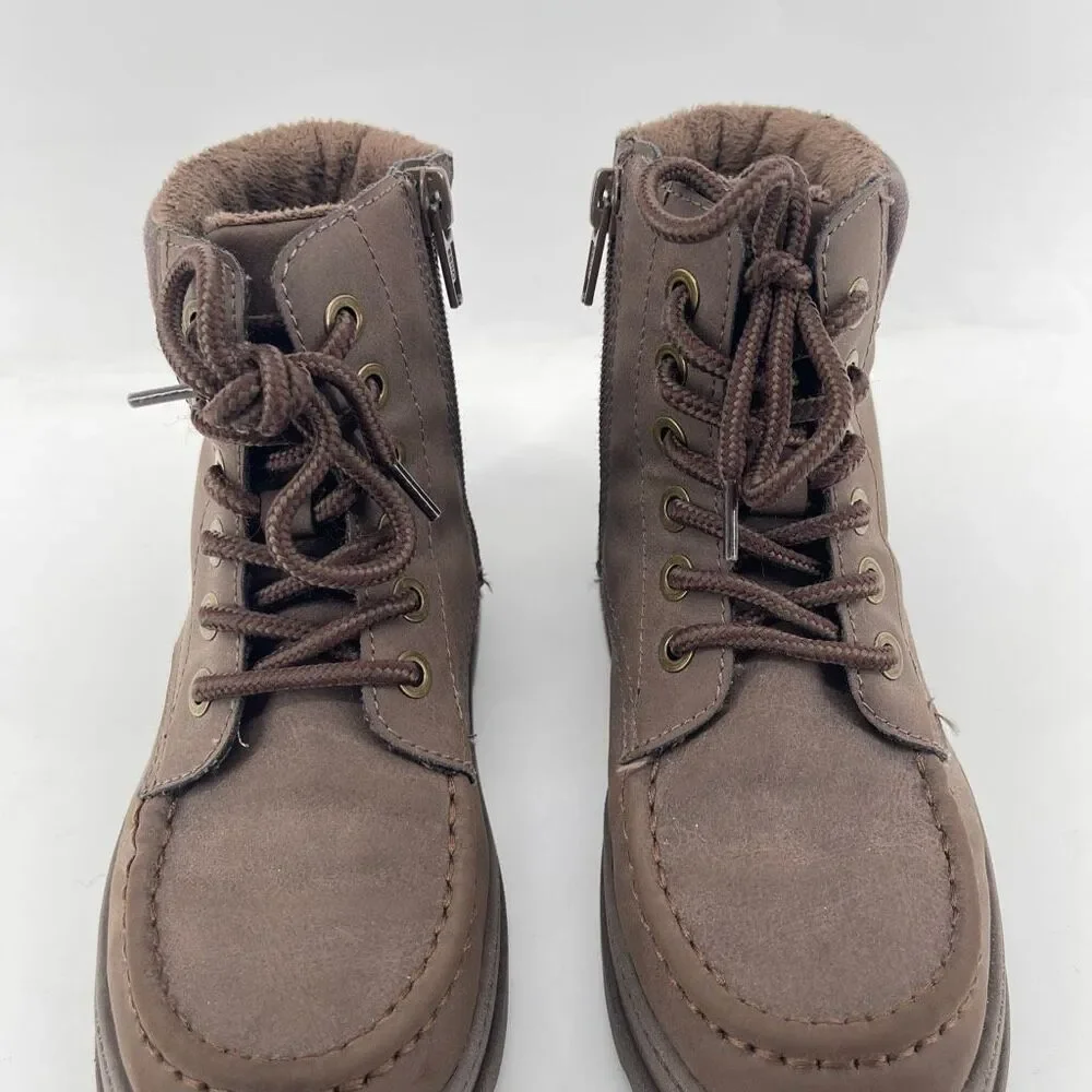 H&M Boys Size 1 Brown Faux Suede Moc Toe Lace Up Zip Chunky Sole Utility Boots